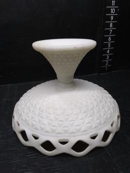 Vintage Satin Milk Glass Reticulated Rim Pedestal Bowl