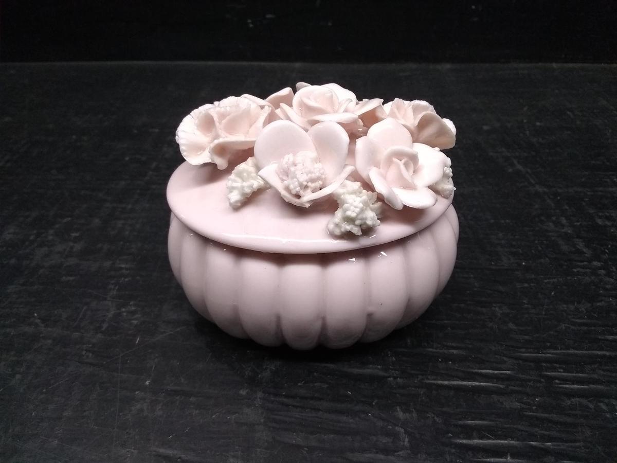 Vintage Ceramic Pink Dresser Dish with Raised Flower Detail