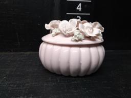 Vintage Ceramic Pink Dresser Dish with Raised Flower Detail