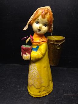 Paper Mache Girl with Flowers and Basket by De Sela-Made in Mexico