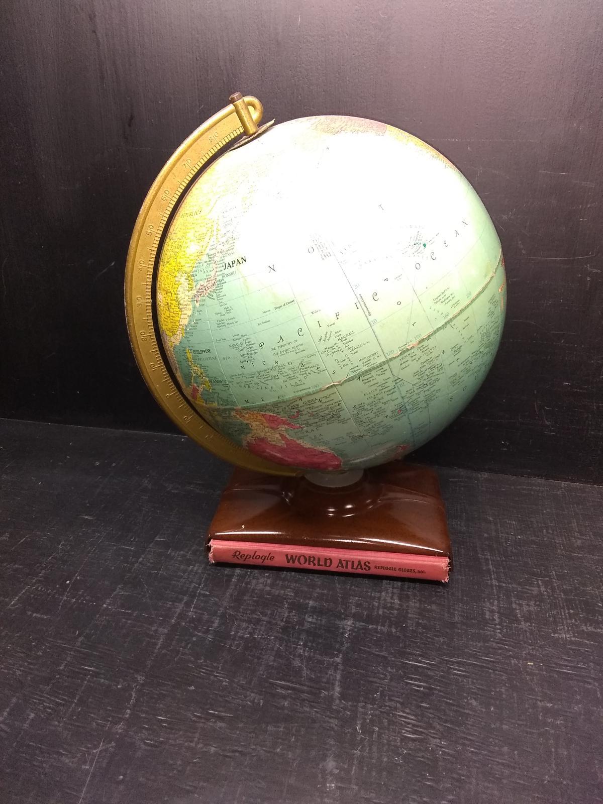 Vintage Replogle 12 Globe on Metal Stand with World Atlas Book -1953