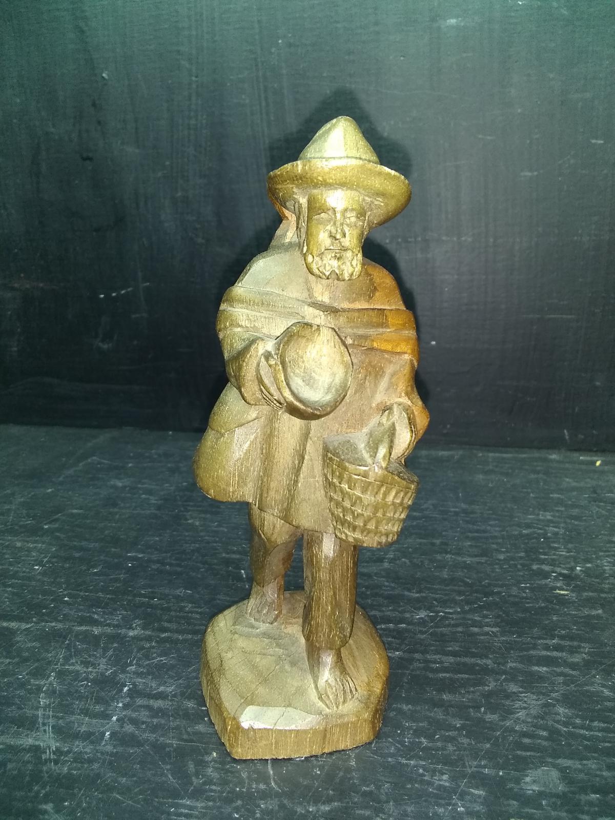 Hand Carved Wooden Figure-Man Carrying Basket