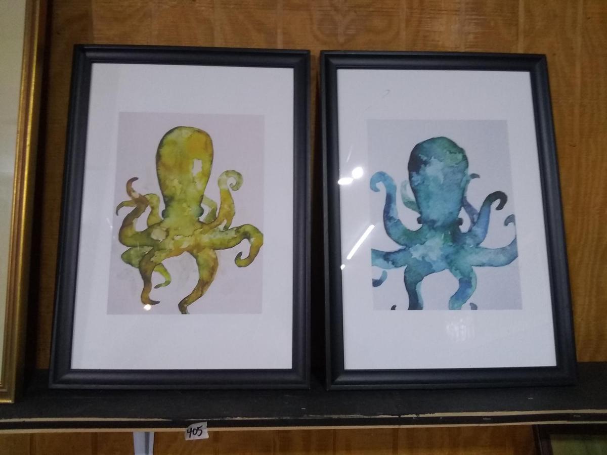 Pair Framed and Matted Watercolor-Octopus