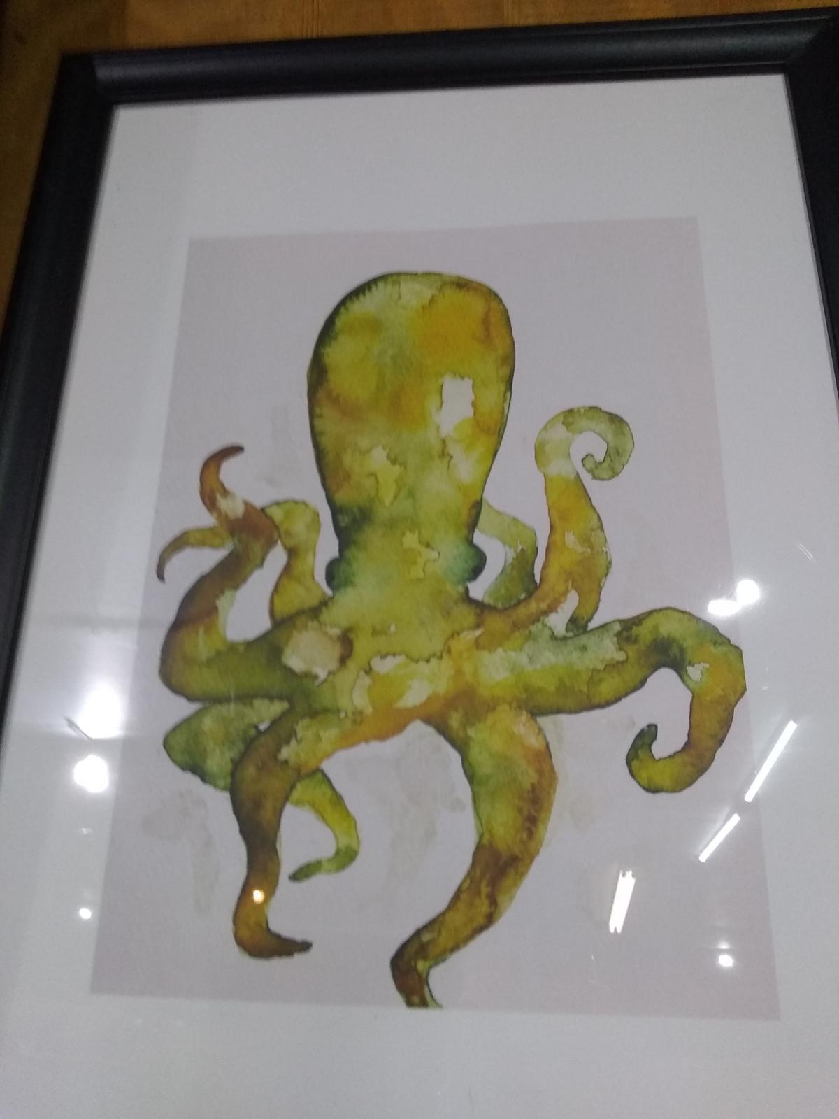 Pair Framed and Matted Watercolor-Octopus