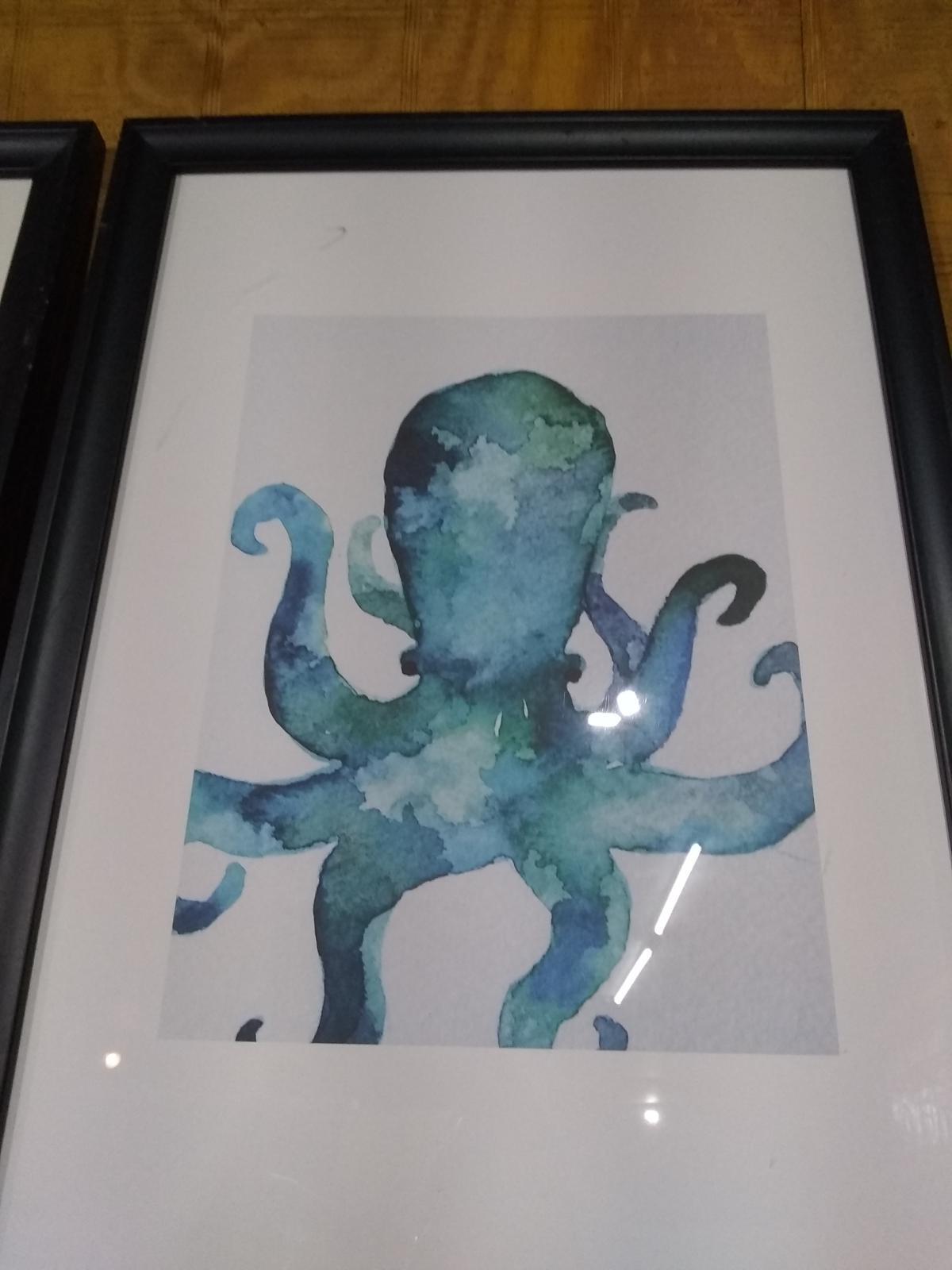 Pair Framed and Matted Watercolor-Octopus