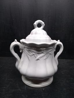 Ceramic Ironstone Style Double Handle Covered Sugar