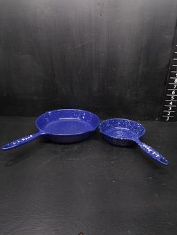 (2) Blue Splatterware Cast Iron Enamel Frying Pans-LL Bean