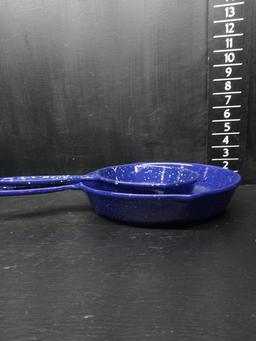 (2) Blue Splatterware Cast Iron Enamel Frying Pans-LL Bean