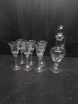 Collection 6 Twisted Stem Crystal Cordials with Pitcher