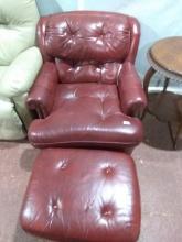 Vintage Red Leather Club Chair with Ottoman