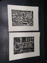 Pair Unframed Prints-Black and White