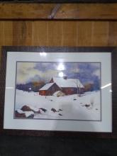 Framed Double Matted Print-Snowy Rooftop Barn by Charles Sharpe