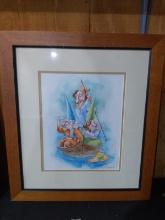 Framed and Double Matted Watercolor-Gnomes in a Boat signed -Doug Hony