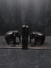 Pair Carved Teak Elephant Bookends