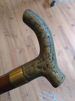 Vintage Walking Cane-Brass Handle with Tree Leaf Detail