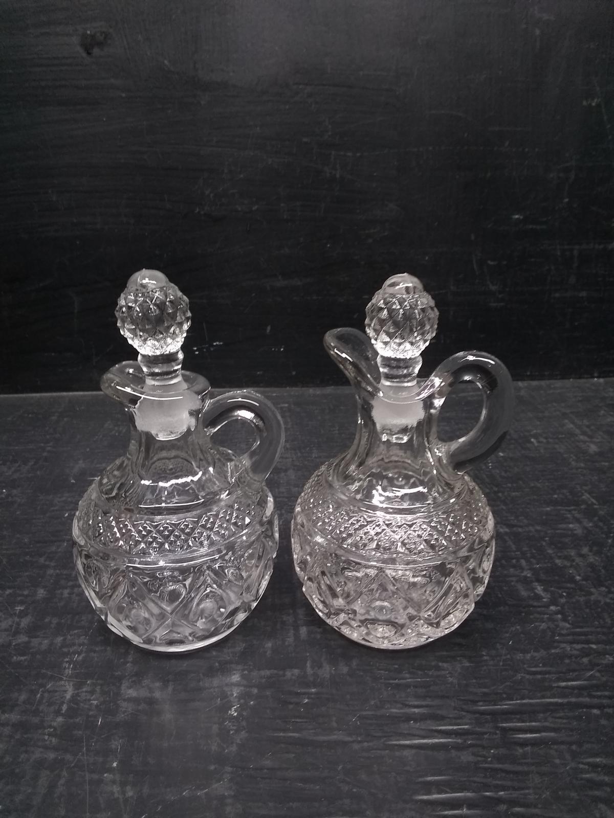 (2) Crystal Pressed Glass Cruets with Diamondpoint Stoppers x2