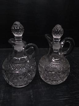 (2) Crystal Pressed Glass Cruets with Diamondpoint Stoppers x2