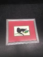 Framed and Double Matted Artisan Print-Black Cat & Ribbon signed