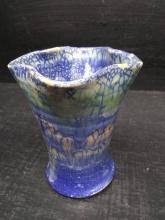Contemporary Artisan Blue Spider Glazed Ruffled Edge Vase
