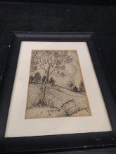 Framed and Matted Pen and Ink-Empty Apple Tree