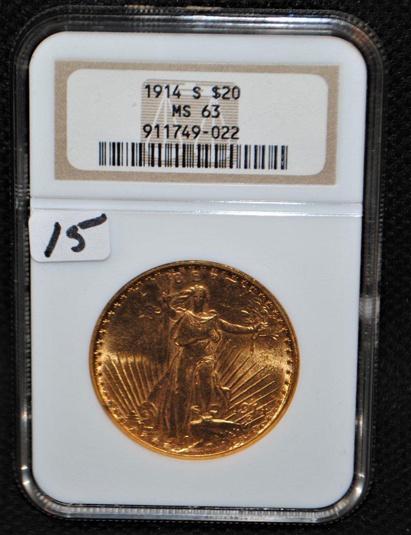 SCARCE 1914-S $20 SAINT GAUDENS GOLD - NGC MS63