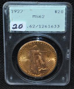 1927 $20 SAINT GAUDENS GOLD COIN - PCGS MS62