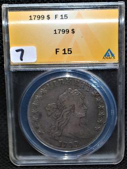 RARE 1799 DRAPED BUST DOLLAR - ANACS F15