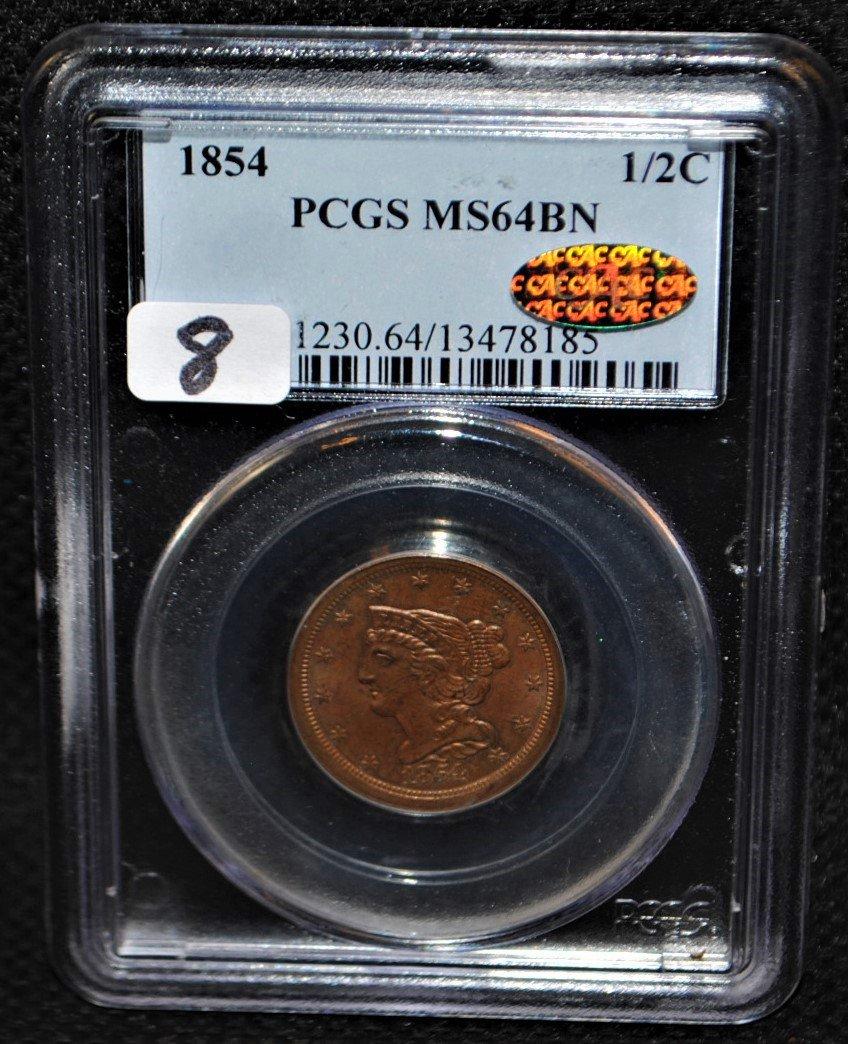 1854 BRAIDED HAIR LARGE CENT - PCGS MS64 BRN