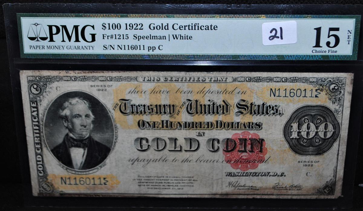 VERY RARE $100 GOLD CERTIFICATE - SERIES 1922  - LARGE SIZE - PMG-FINE 15 -