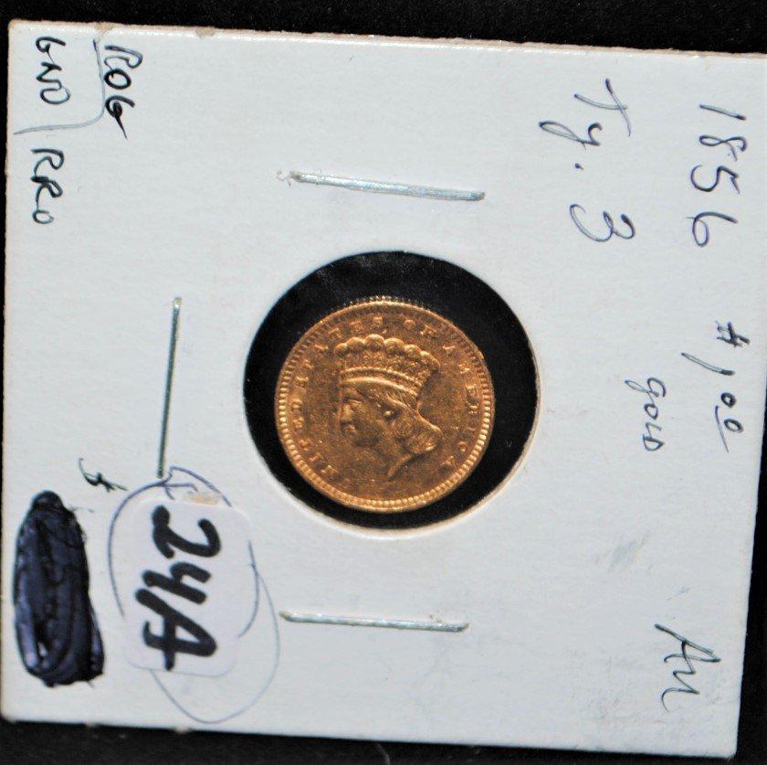EARLY 1856 TYPE III $1 PRINCESS GOLD COIN  FROM SAFE DEPOSIT