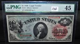 RARE 1869 $1 LEGAL TENDER "STAR NOTE"  PMG 45