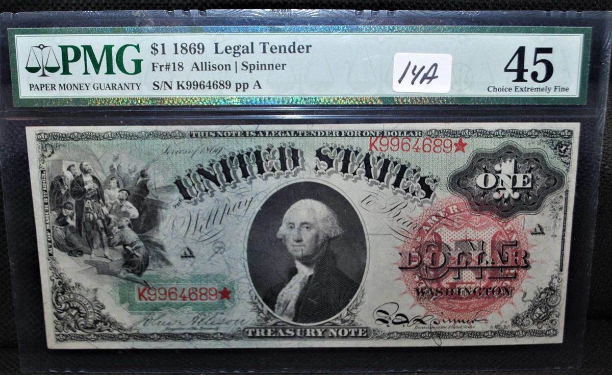 RARE 1869 $1 LEGAL TENDER "STAR NOTE"  PMG 45