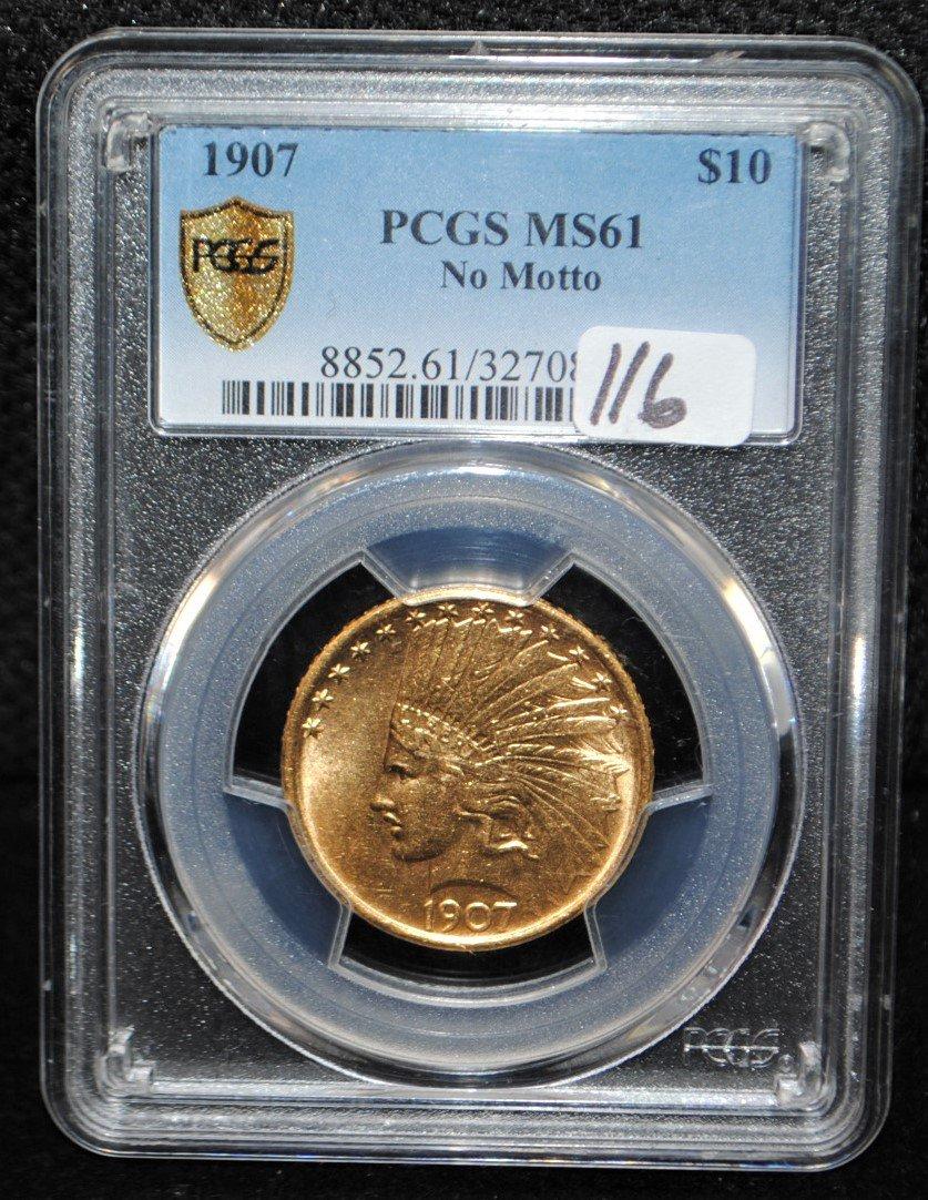 SCARCE 1907 $10 INDIAN GOLD COIN - PCGS MS61