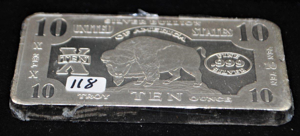 RARE "BUFFALO" 10 TROY OZ .999  FINE SILVER BAR