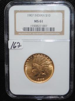 SCARCE 1907 $10 INDIAN HEAD GOLD COIN PCGS MS61