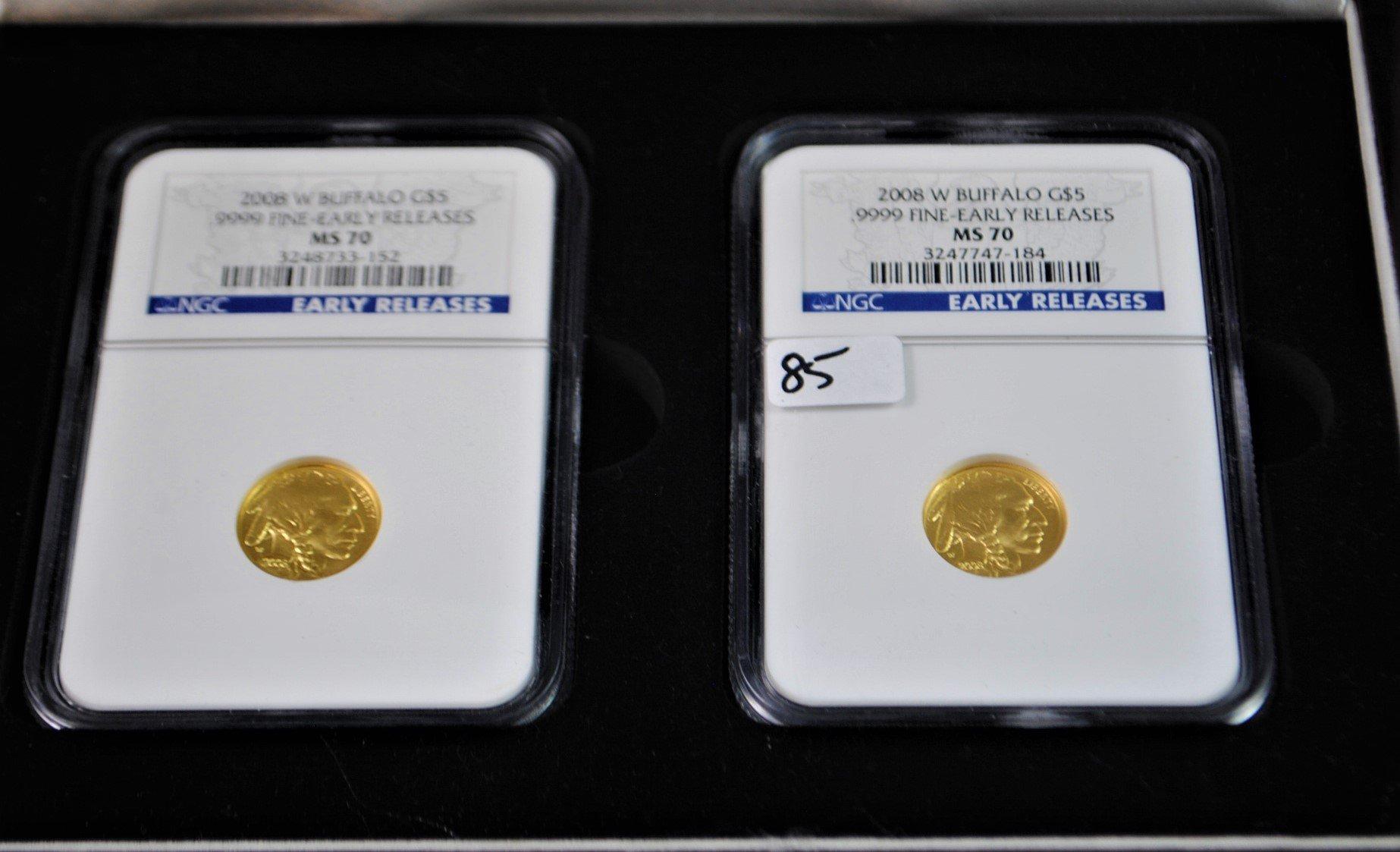 TWO 2008-W $5 .9999 GOLD BUFFALO'S NGC MS70