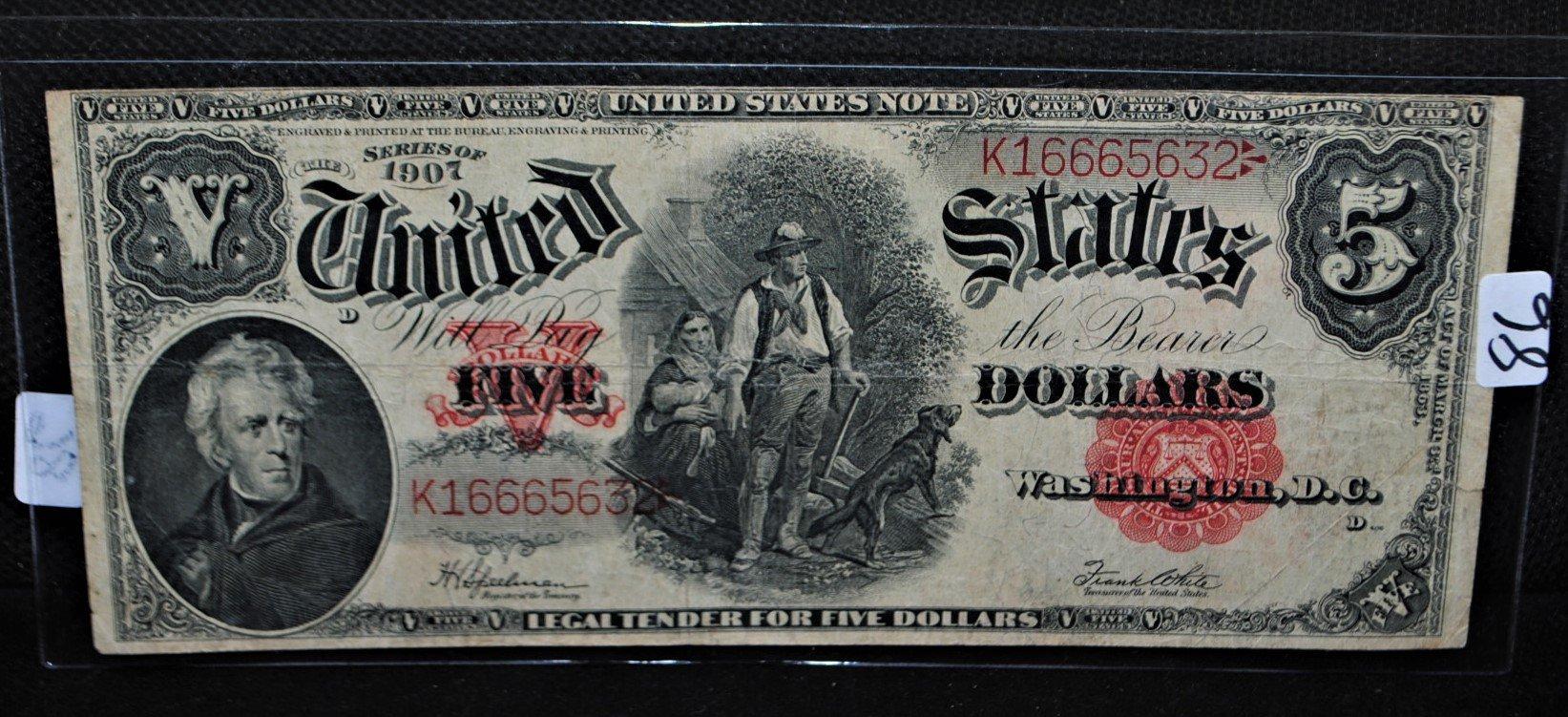 SCARCE $5 "WOODCHOPPER" U.S. NOTE SERIES 1907