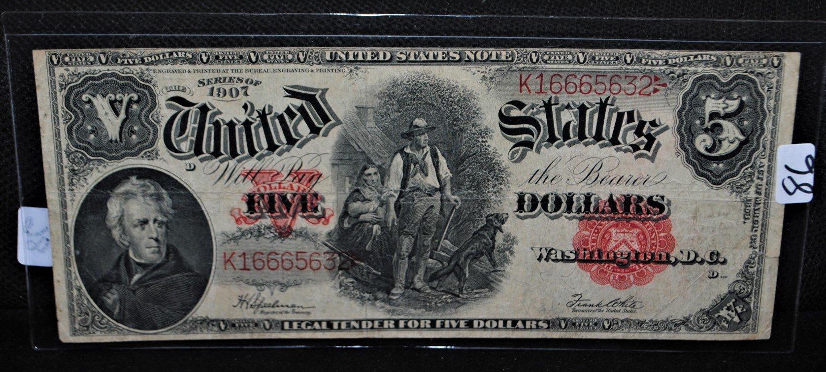 SCARCE $5 "WOODCHOPPER" U.S. NOTE SERIES 1907