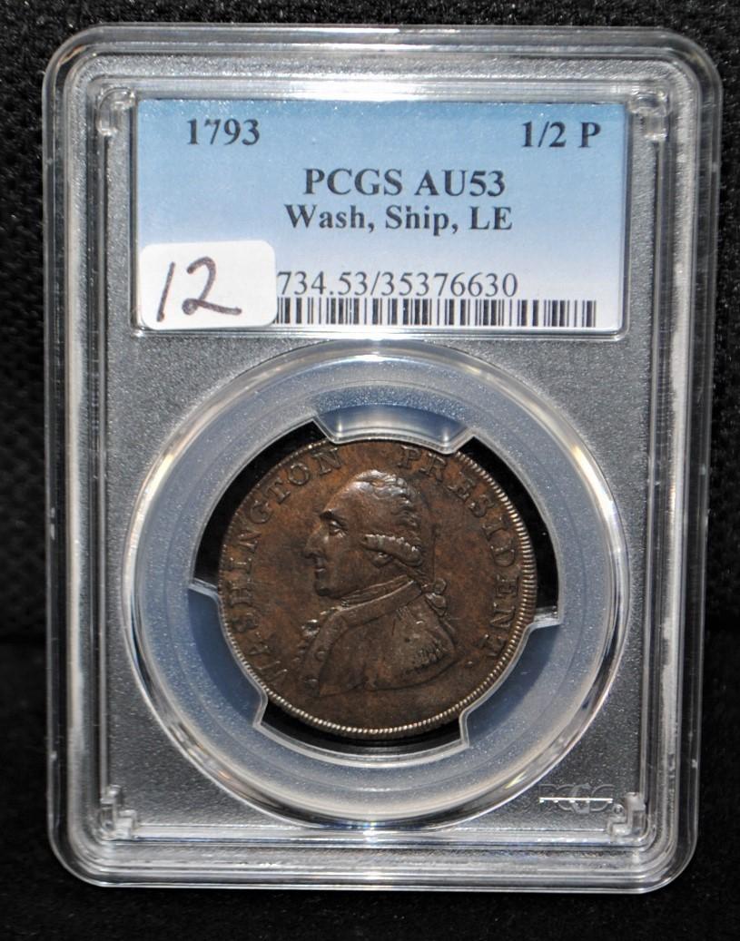 RARE 1793 HALF PENNY WASH, SHIP, LE PCGS AU53