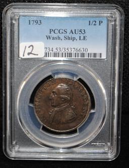 RARE 1793 HALF PENNY WASH, SHIP, LE PCGS AU53