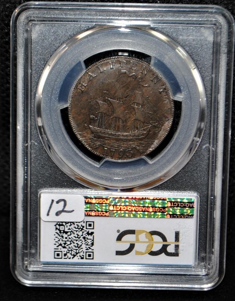 RARE 1793 HALF PENNY WASH, SHIP, LE PCGS AU53