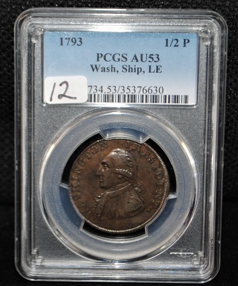 RARE 1793 HALF PENNY WASH, SHIP, LE PCGS AU53