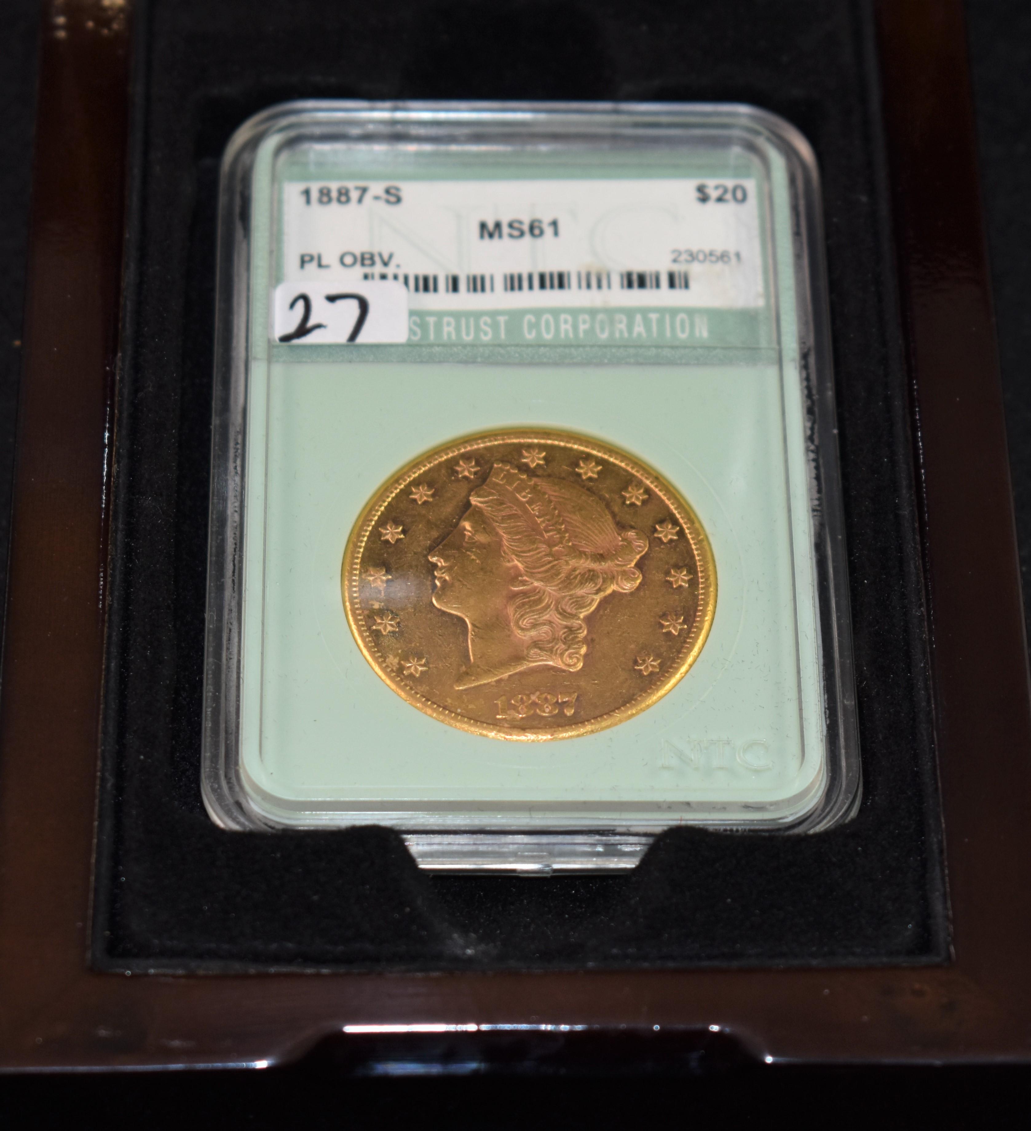 1887-S $20 LIBERTY GOLD DOUBLE EAGLE - NTC MS61