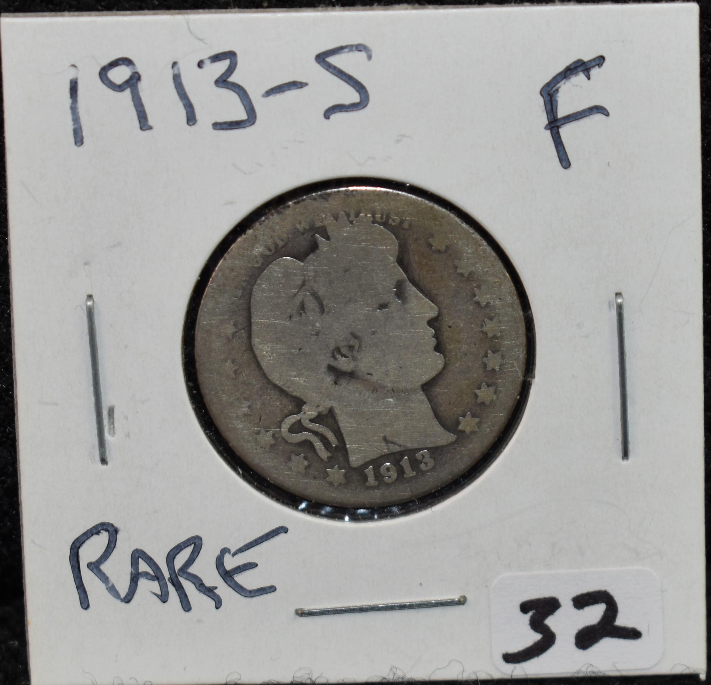 VERY RARE FINE KEY 1913-S BARBER QUARTER