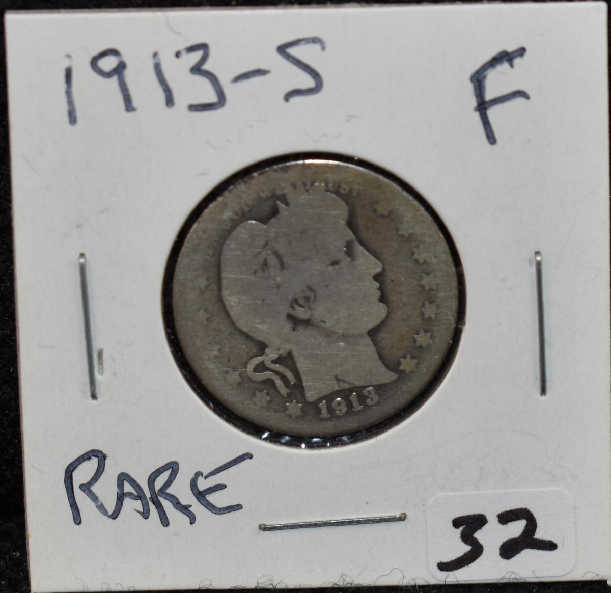 VERY RARE FINE KEY 1913-S BARBER QUARTER