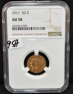 1911 $2 1/2 INDIAN GOLD COIN - NGC AU58