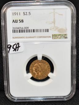1911 $2 1/2 INDIAN GOLD COIN - NGC AU58