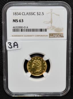 RARE 1834 CLASSIC HEAD $2 1/2 GOLD COIN NGC MS63