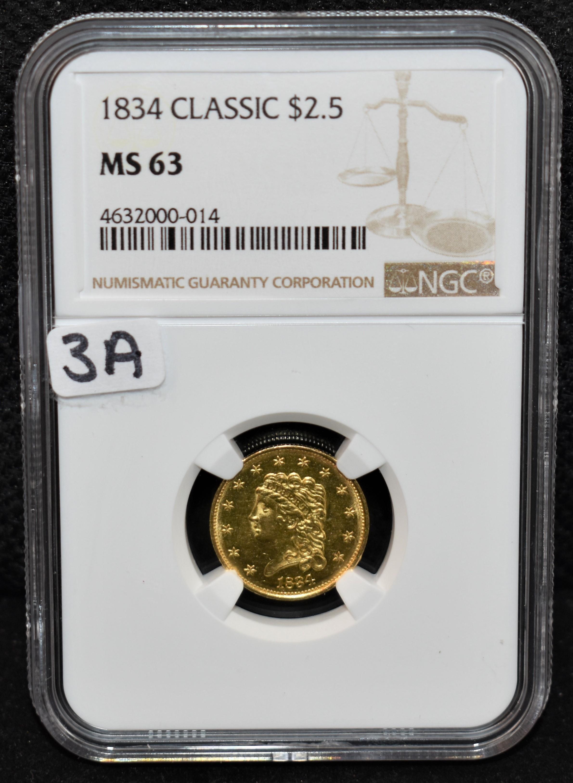 RARE 1834 CLASSIC HEAD $2 1/2 GOLD COIN NGC MS63