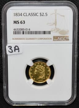 RARE 1834 CLASSIC HEAD $2 1/2 GOLD COIN NGC MS63